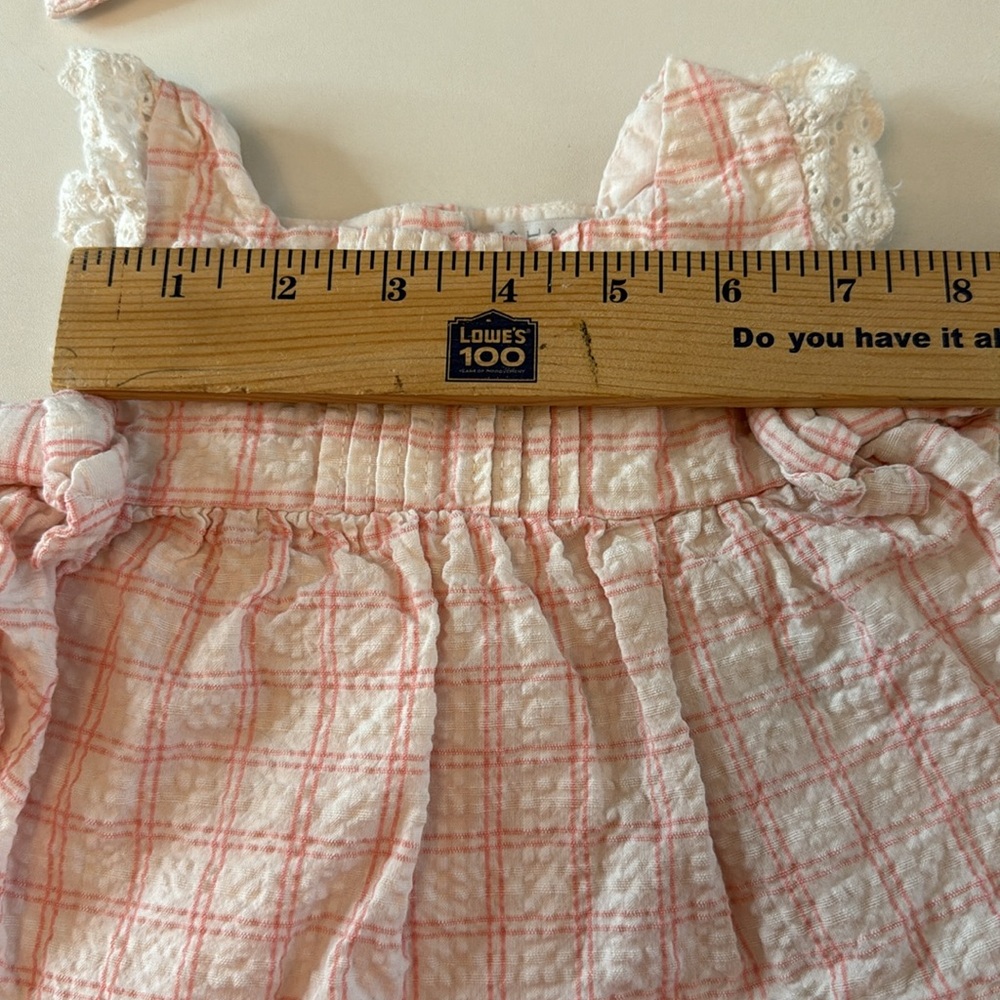 Tabari Baby Pink and White Plaid and Lace Baby Dress with Bonnet Size 3-6M - Picture 9 of 11